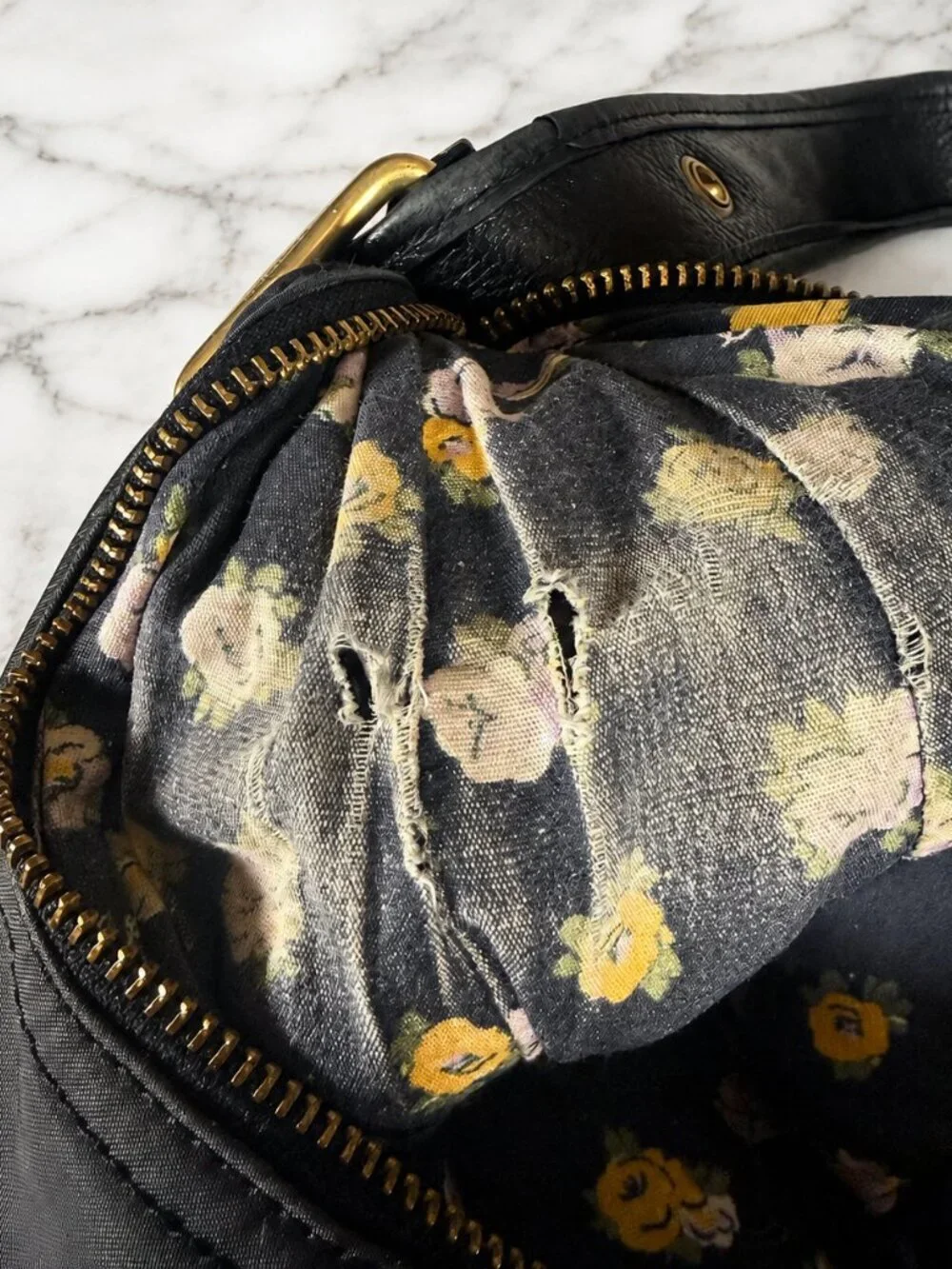 Coach Cargo Hobo Bag Black Nylon Pebble Leather Floral Rose Lining 3171